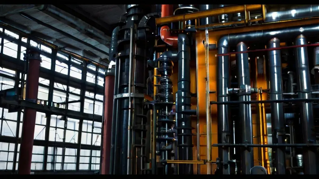 Emaranhado de tubulações industriais dentro da planta